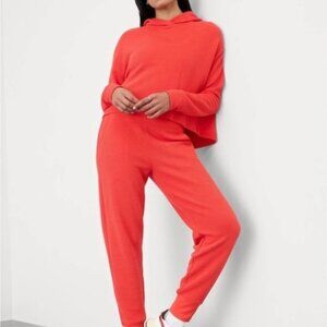 Athleta Coaster Luxe Waffle Set Cardinal Red Cropped Hoodie & Joggers Size Small